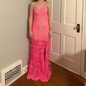 Stunning Jovani Prom Dress - Bright Pink with Feathers - Size 00